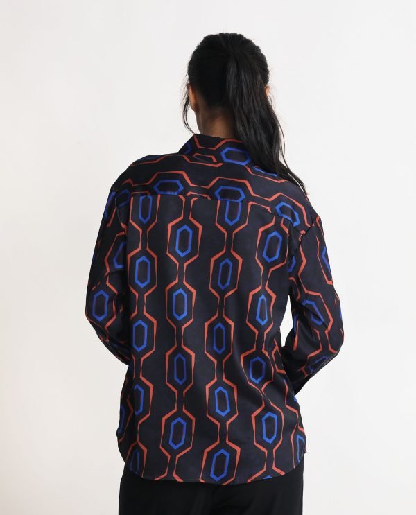 Black Button Closure Shirt Collar Regular Fit Geometric Print Shirt