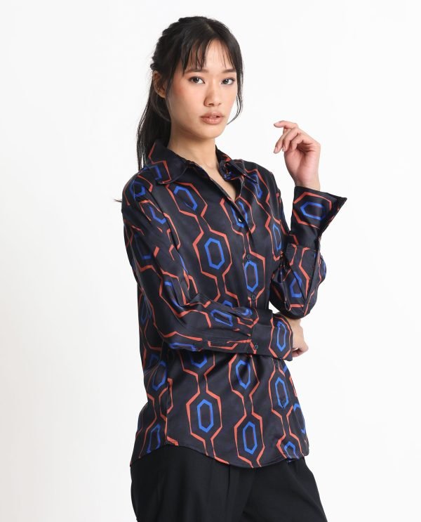 Black Button Closure Shirt Collar Regular Fit Geometric Print Shirt