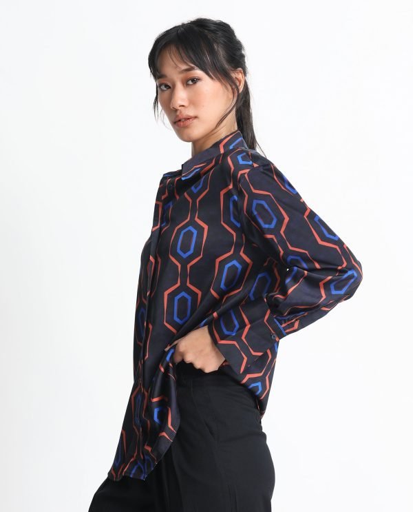 Black Button Closure Shirt Collar Regular Fit Geometric Print Shirt