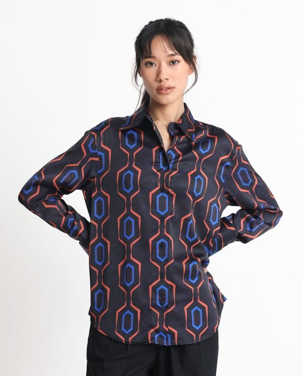 Black Button Closure Shirt Collar Regular Fit Geometric Print Shirt