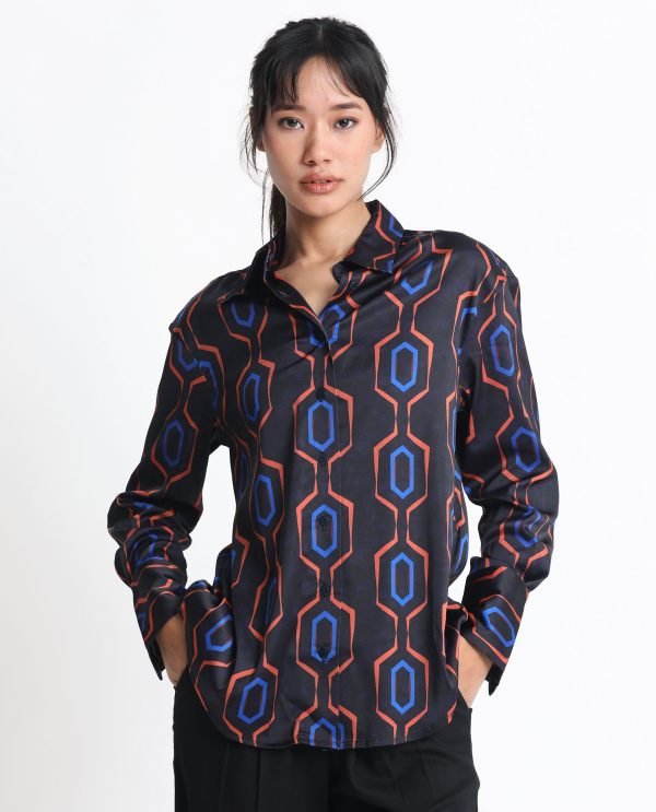 Black Button Closure Shirt Collar Regular Fit Geometric Print Shirt