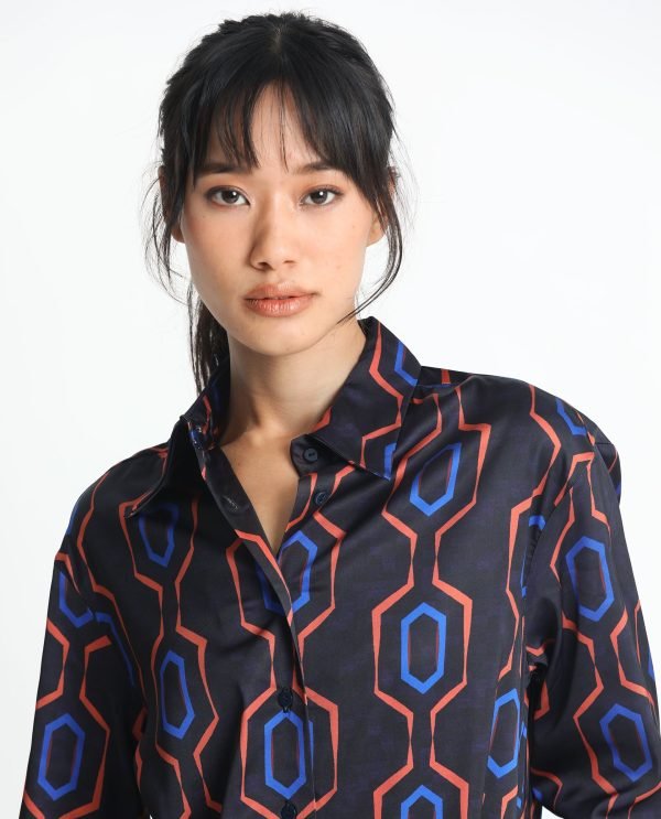 Black Button Closure Shirt Collar Regular Fit Geometric Print Shirt