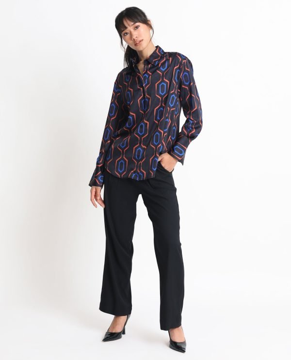 Black Button Closure Shirt Collar Regular Fit Geometric Print Shirt