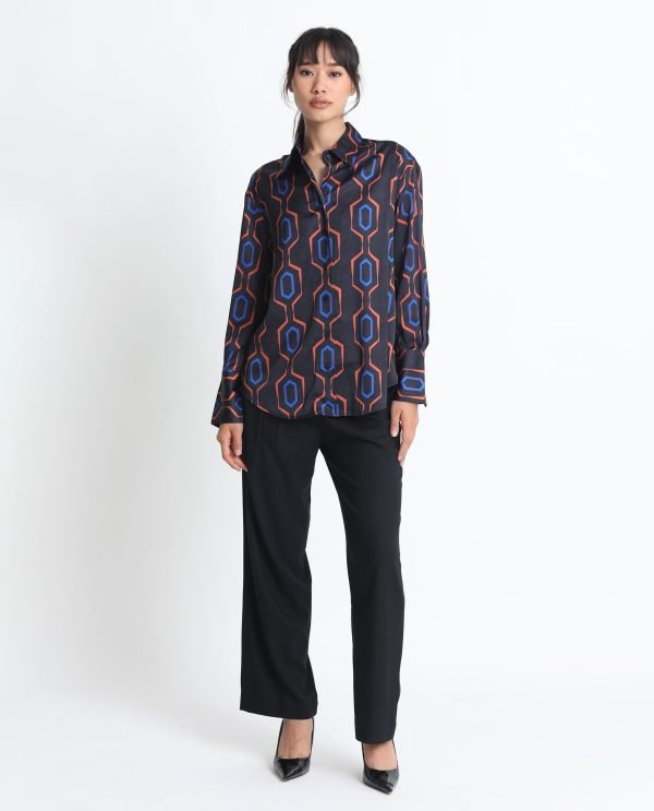 Black Button Closure Shirt Collar Regular Fit Geometric Print Shirt