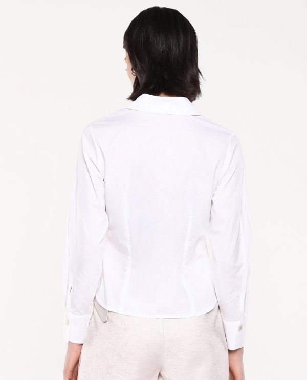 White Cuffed Sleeves Collared Collar Button Closure Plain Shirt