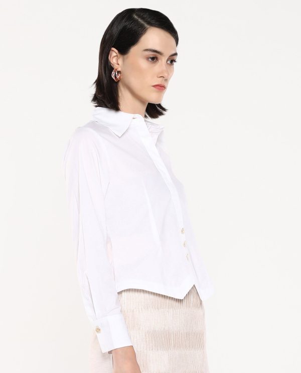 White Cuffed Sleeves Collared Collar Button Closure Plain Shirt