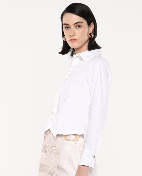 White Cuffed Sleeves Collared Collar Button Closure Plain Shirt