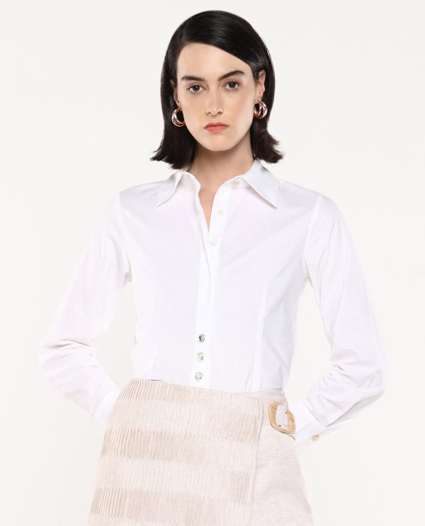 White Cuffed Sleeves Collared Collar Button Closure Plain Shirt