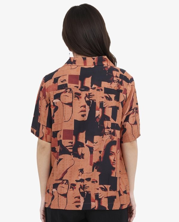 Brown Short Sleeve Collared Neck Relaxed Fit Abstract Print Shirt