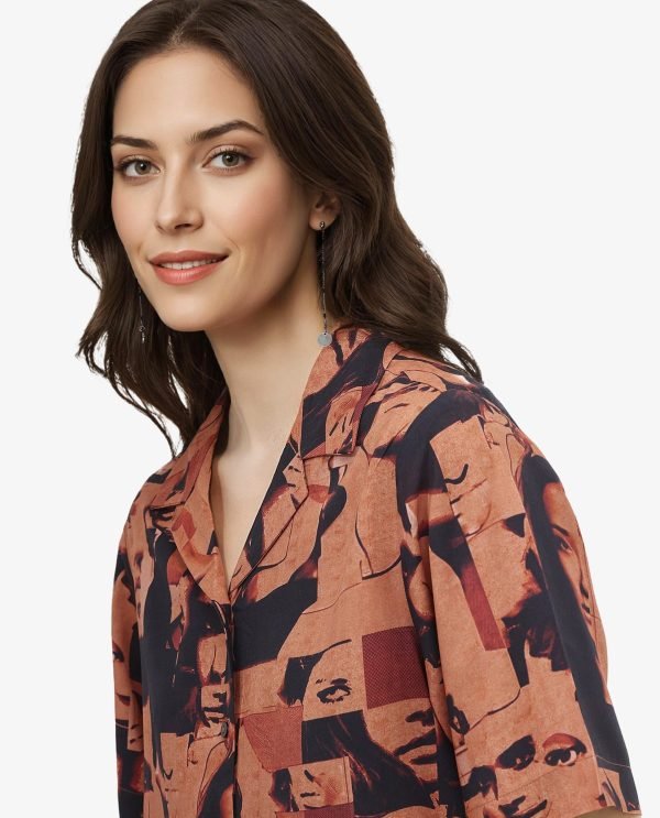 Brown Short Sleeve Collared Neck Relaxed Fit Abstract Print Shirt