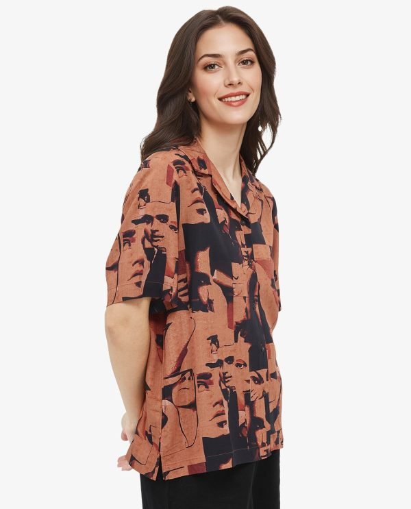 Brown Short Sleeve Collared Neck Relaxed Fit Abstract Print Shirt