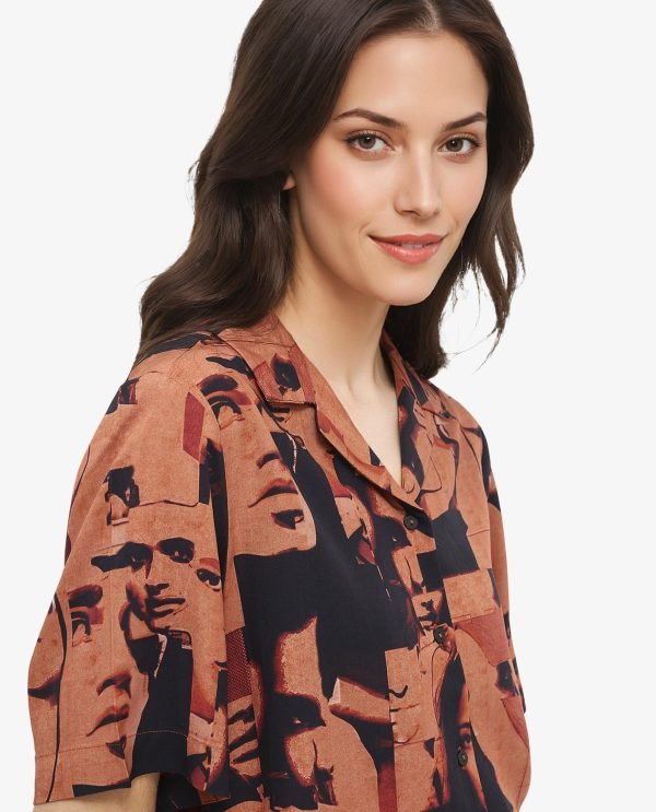 Brown Short Sleeve Collared Neck Relaxed Fit Abstract Print Shirt