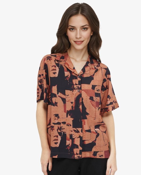 Brown Short Sleeve Collared Neck Relaxed Fit Abstract Print Shirt