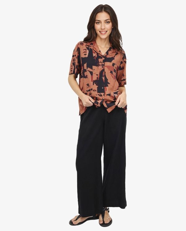 Brown Short Sleeve Collared Neck Relaxed Fit Abstract Print Shirt