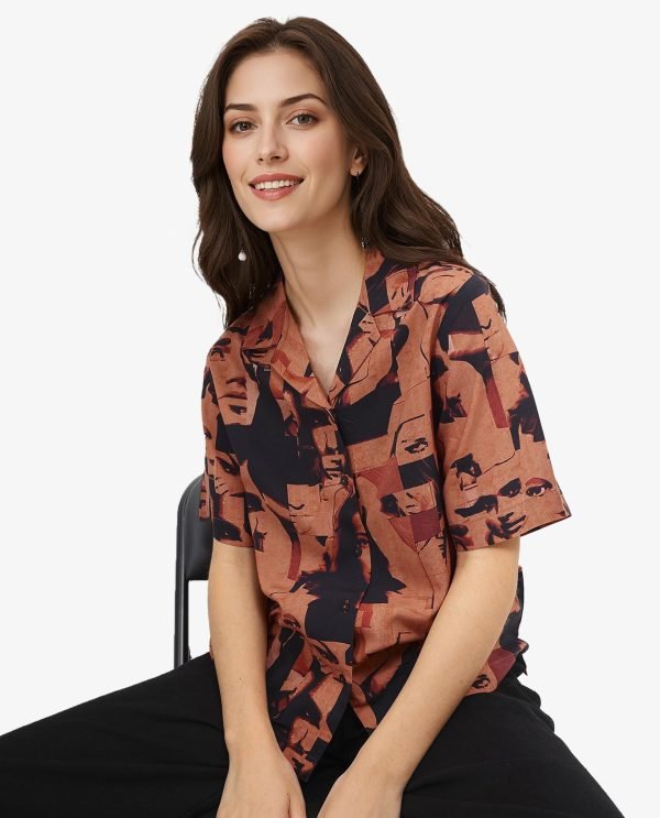 Brown Short Sleeve Collared Neck Relaxed Fit Abstract Print Shirt