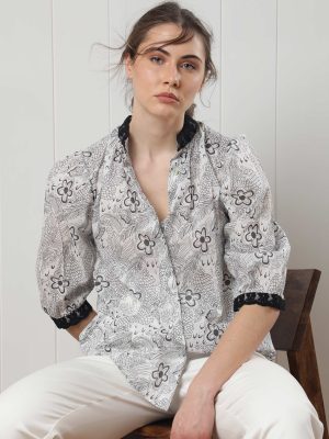 White Puff Sleeve Regular Fit Floral Print Top