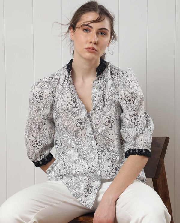 White Puff Sleeve Regular Fit Floral Print Top