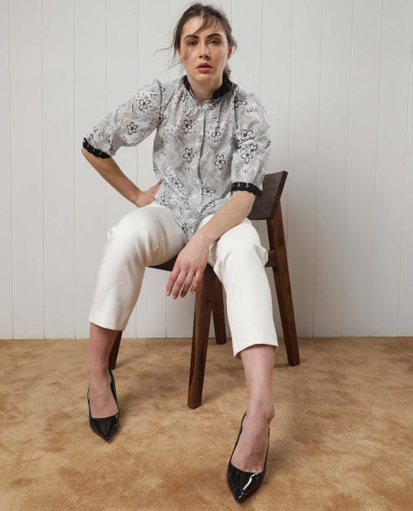 White Puff Sleeve Regular Fit Floral Print Top