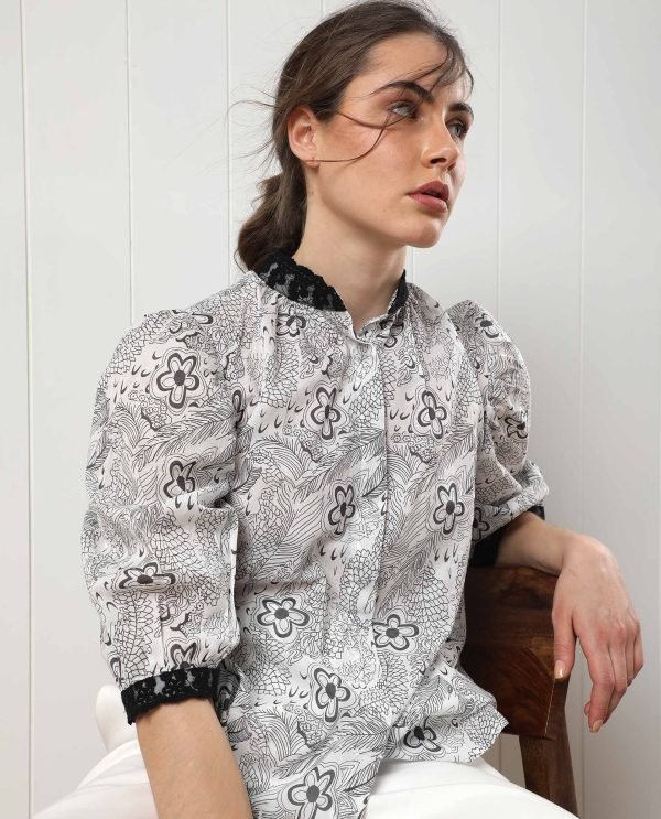 White Puff Sleeve Regular Fit Floral Print Top