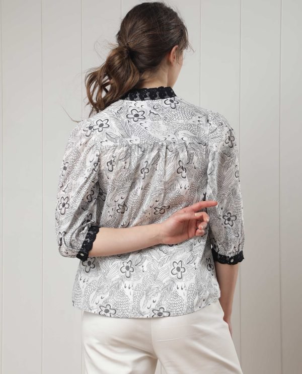 White Puff Sleeve Regular Fit Floral Print Top