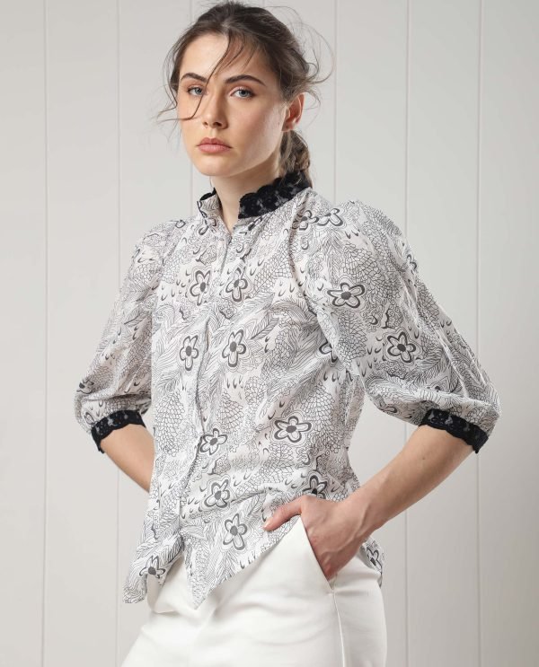 White Puff Sleeve Regular Fit Floral Print Top