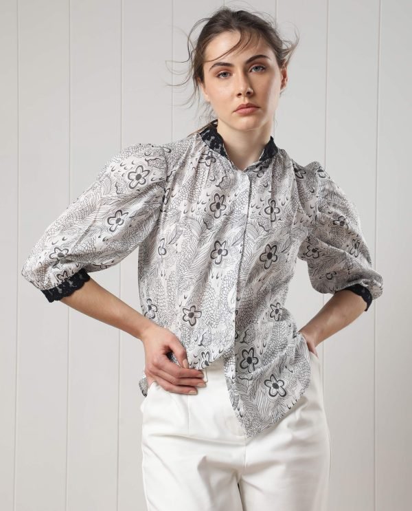 White Puff Sleeve Regular Fit Floral Print Top