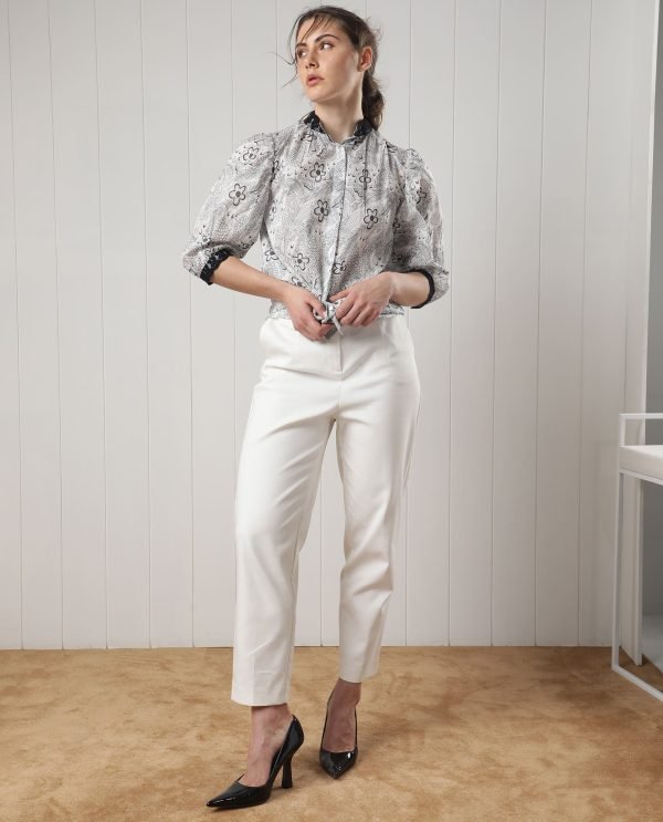 White Puff Sleeve Regular Fit Floral Print Top