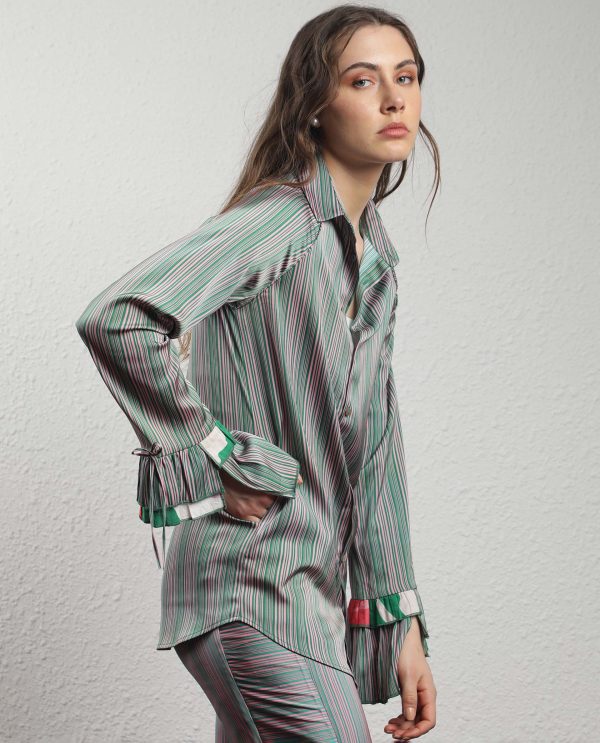 Pink Full Sleeves Button Closure Shirt Collar Ruffled Sleeves Regular Fit Striped Top