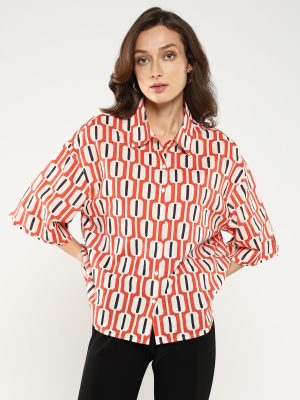 Collared Neck Button Closure Geometric Print Shirt