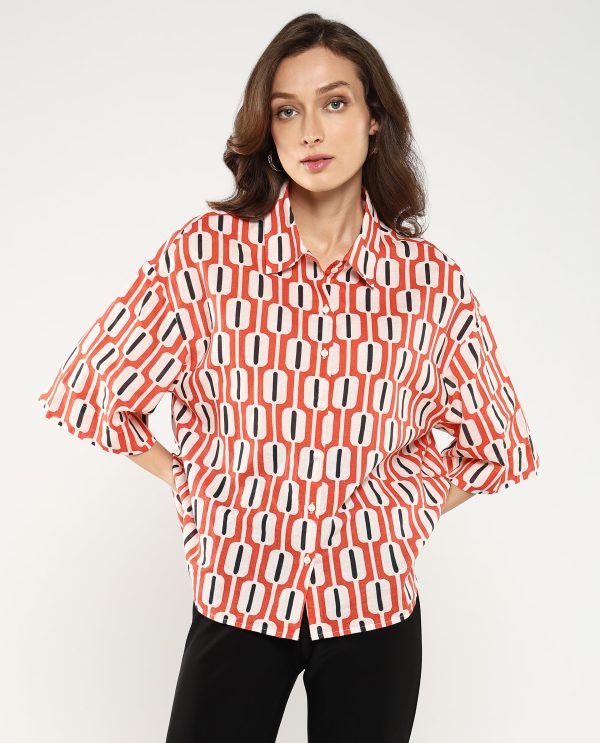 Collared Neck Button Closure Geometric Print Shirt