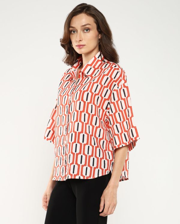 Collared Neck Button Closure Geometric Print Shirt