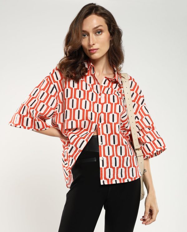 Collared Neck Button Closure Geometric Print Shirt