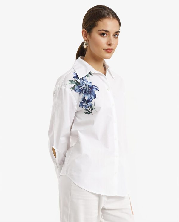 White Cuffed Sleeve Collared Neck Floral Print Shirt