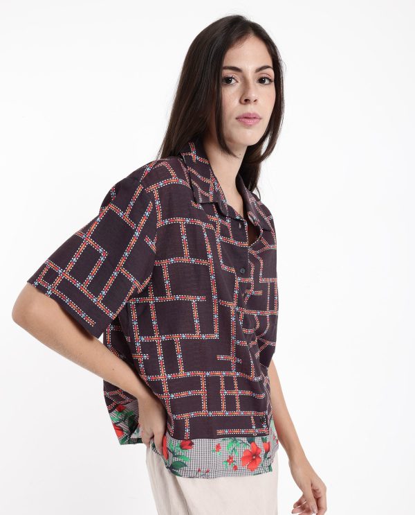 Brown Short Sleeve Collared Collar Button Boxy Fit Abstract Print Top