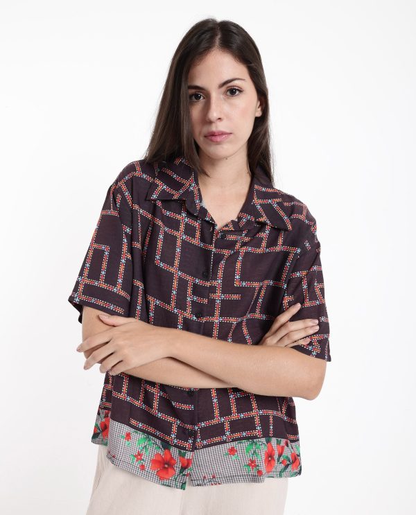 Brown Short Sleeve Collared Collar Button Boxy Fit Abstract Print Top