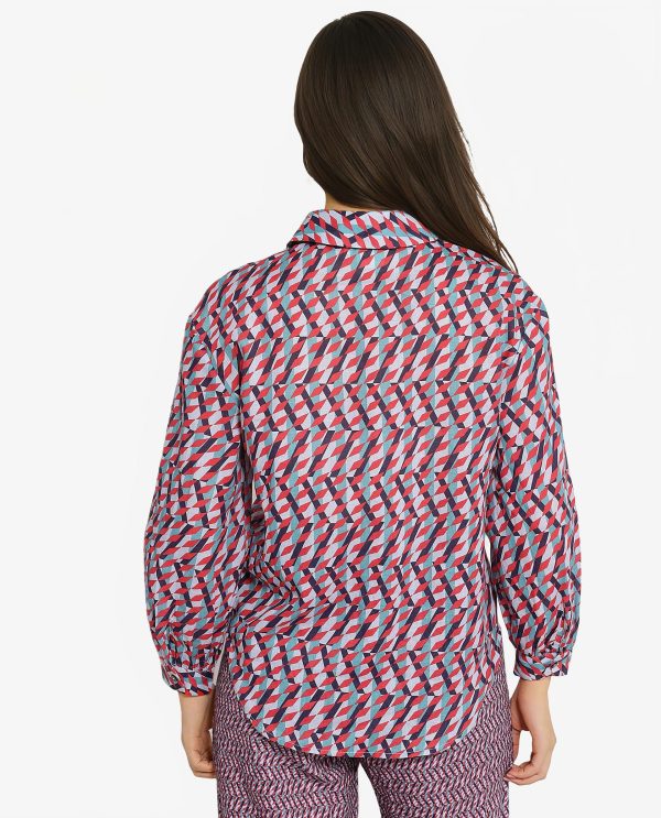 Multicolor Cuffed Sleeve Collared Neck Geometric Print Shirt