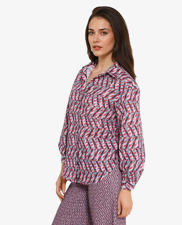 Multicolor Cuffed Sleeve Collared Neck Geometric Print Shirt