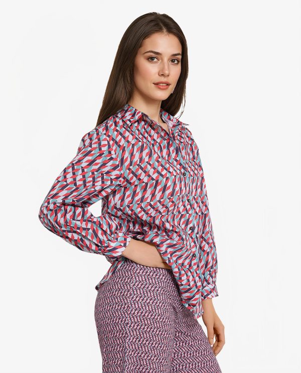 Multicolor Cuffed Sleeve Collared Neck Geometric Print Shirt