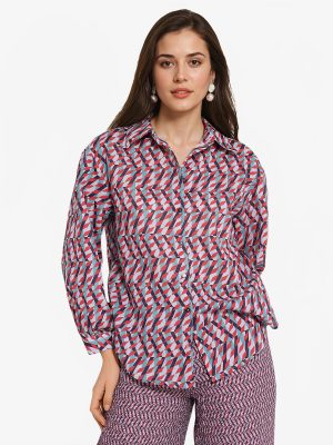 Multicolor Cuffed Sleeve Collared Neck Geometric Print Shirt