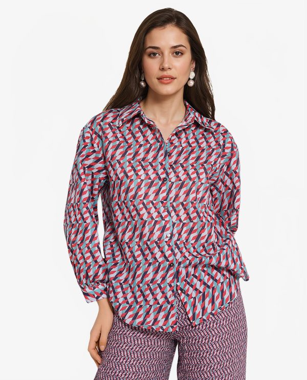 Multicolor Cuffed Sleeve Collared Neck Geometric Print Shirt