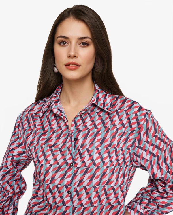 Multicolor Cuffed Sleeve Collared Neck Geometric Print Shirt