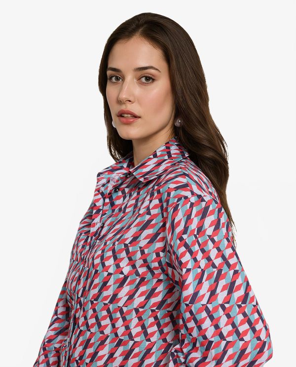 Multicolor Cuffed Sleeve Collared Neck Geometric Print Shirt