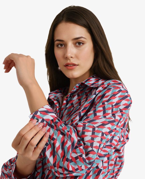 Multicolor Cuffed Sleeve Collared Neck Geometric Print Shirt