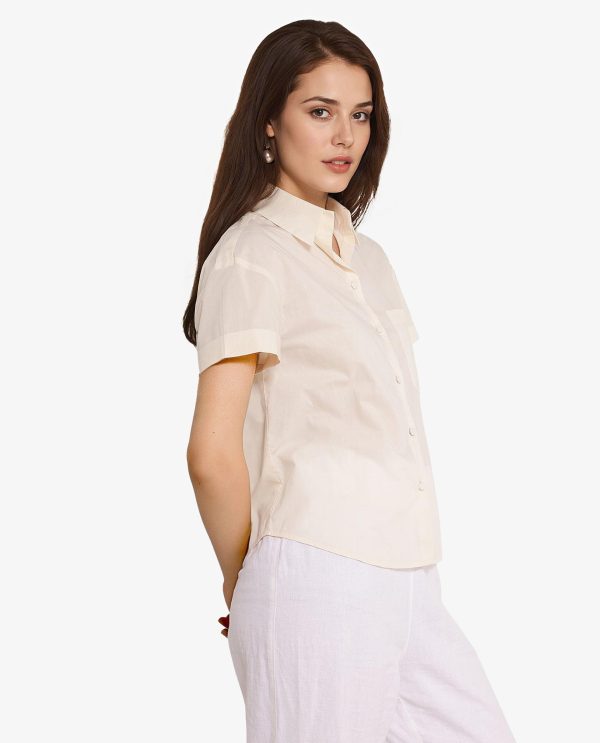 Beige Short Sleeve Collared Collar Button Plain Shirt