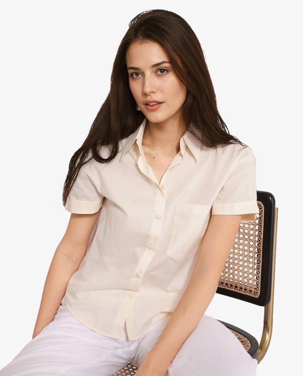 Beige Short Sleeve Collared Collar Button Plain Shirt