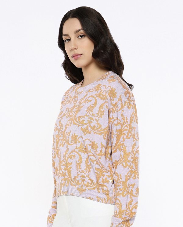 Clementine Light Purple Relaxed Fit Printed Sweater