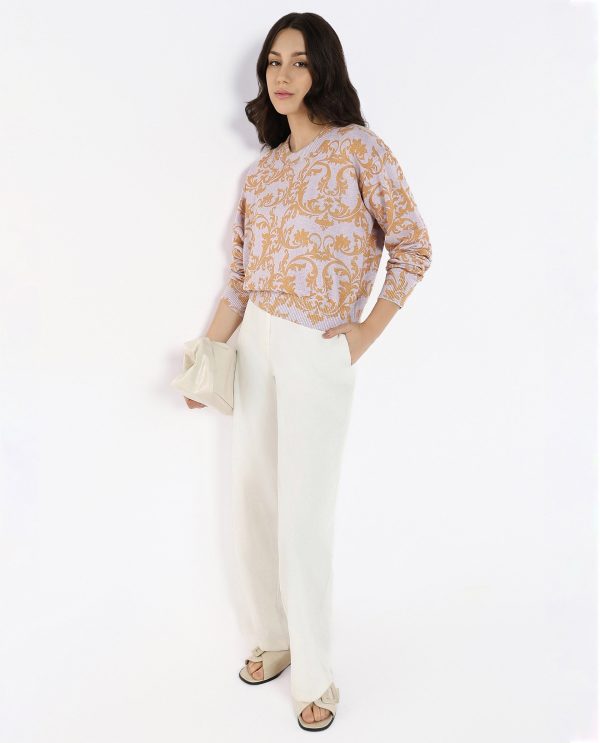 Clementine Light Purple Relaxed Fit Printed Sweater