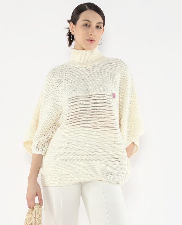 Xylia Off White Acrylic Fabric Oversized Fit Plain Sweater