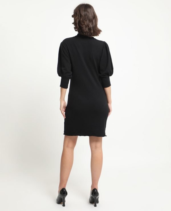 Whisper Black Viscose Fabric 3/4Th Sleeves Turtle Neck Balloon Sleeve Regular Fit Geometric Print Knee Length Sweater