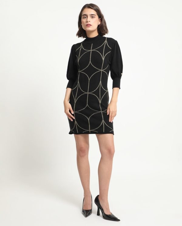 Whisper Black Viscose Fabric 3/4Th Sleeves Turtle Neck Balloon Sleeve Regular Fit Geometric Print Knee Length Sweater